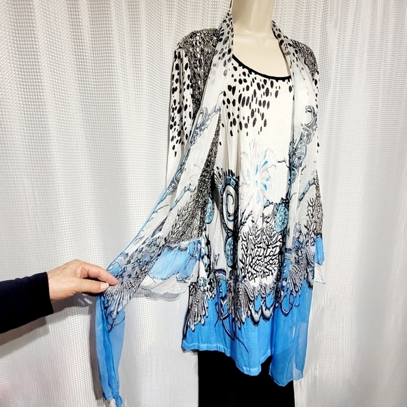 90s VTG Art to Wear Cheetah Crochet Floral Flowy Layered Blouse Cardigan XL - Picture 2 of 9